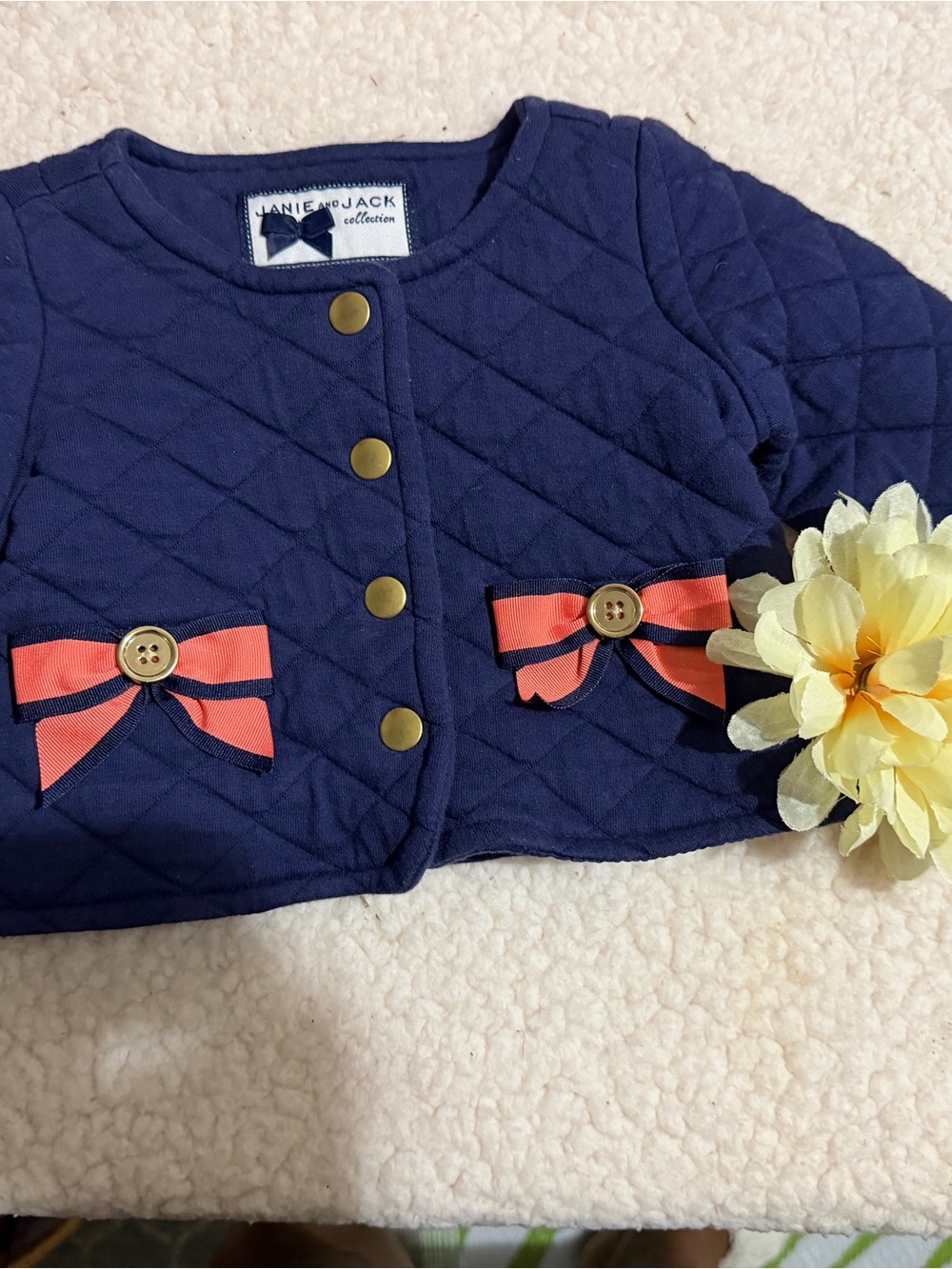 Janie and Jack Navy Quilted Jacket with Coral Bow Accents